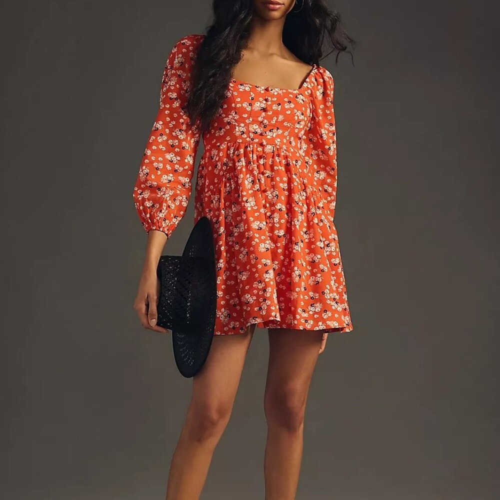 Retro Boho Puff-Sleeve Floral Mini Dress